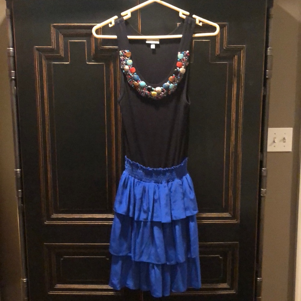 Beaded tank attached to blue 3 tiered ruffle skirt